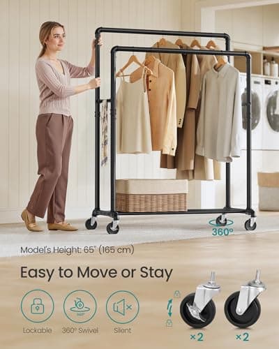 SONGMICS Heavy-Duty Double-Rod Clothes Rack with Casters, Black UHSR60B