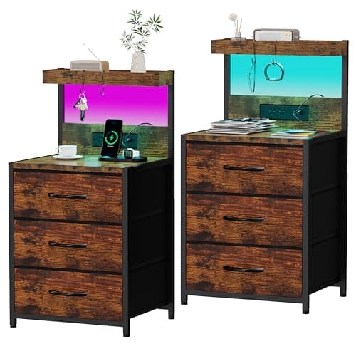 Rustic Brown Nightstand with Charging Station and Storage