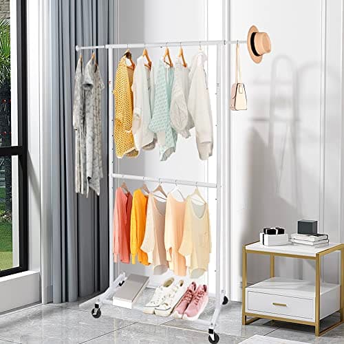 White Metal Double Rod Clothing Rack with Lockable Wheels, Portable Freestanding Organizer