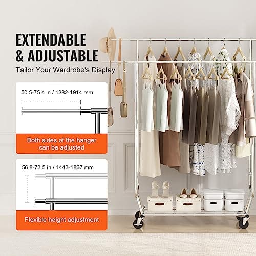 VEVOR Heavy Duty Double Rod Clothes Rack, Adjustable & Extendable, 600 lbs Capacity