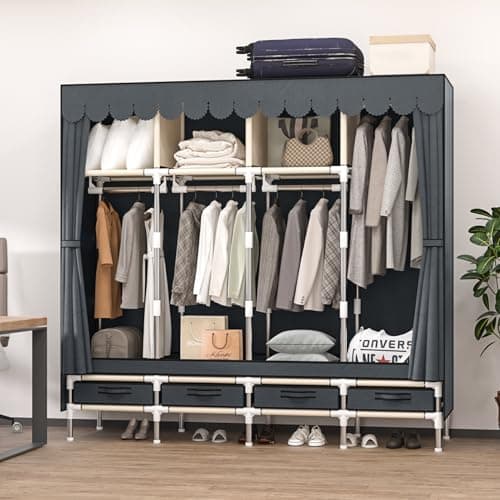 Large Grey Metal Closet with 4 Hanging Rods & Drawers, Non-Woven Dust Cover, 66.93in High, Bedroom Storage