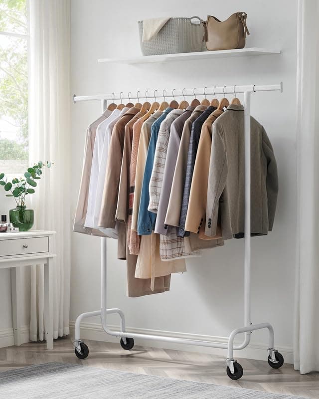 SONGMICS Heavy-Duty Rolling Clothes Rack, 286.6 lb Capacity, Extendable Rod, Matte White