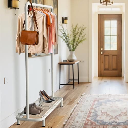 Industrial White Clothing Rack with Bottom Shelves
