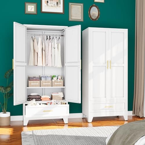 Green Metal Armoire Wardrobe with Shelves and Rod (71")