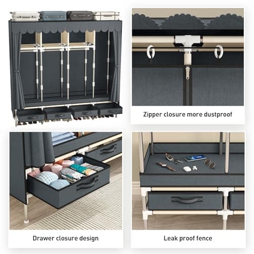 Large Grey Metal Closet with 4 Hanging Rods & Drawers, Non-Woven Dust Cover, 66.93in High, Bedroom Storage