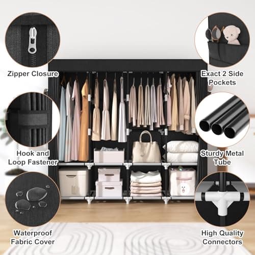 Portable Wardrobe Closet for Hanging Clothes: 67 Inch Wide, Large Capacity with Cover, 4 Shelves, 4 Rods - Sturdy Free Standing Closet for Bedroom (Black)