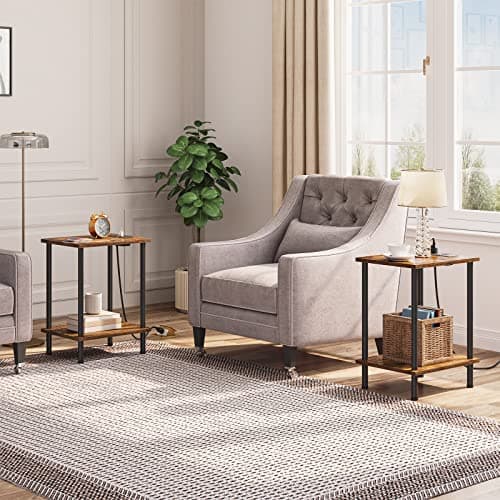 HOOBRO Set of 2 Side Tables with Charging Station and Storage Shelves for Small Spaces - Rustic Brown