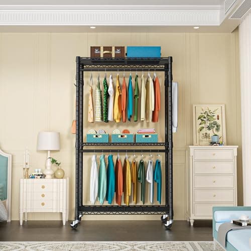 Heavy Duty 3-Tier Metal Closet Organizer, Rolling with Lock & Hooks, Max 450 LBS, Black