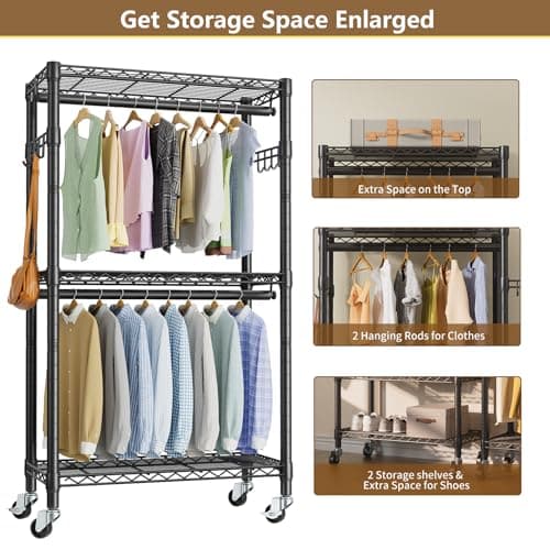 3-Tier Heavy Duty Wire Clothes Rack with Double Rods & Hooks, Freestanding Storage Wardrobe