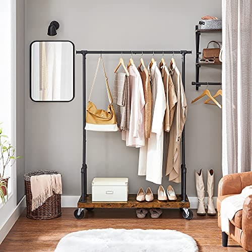 VASAGLE Rolling Garment Rack with Shelf, Heavy-Duty Rustic Brown and Black URGR110B01