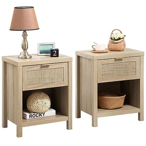 SICOTAS Farmhouse Nightstand Set - Oak Drawer & Storage Shelf - Boho Bedroomaccent