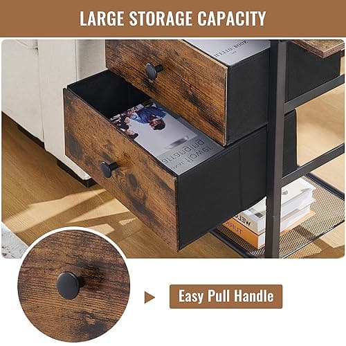 End Table with Charging Station and Drawers, Slim Side Table with USB Ports, Rustic Brown Wood Desktop Table