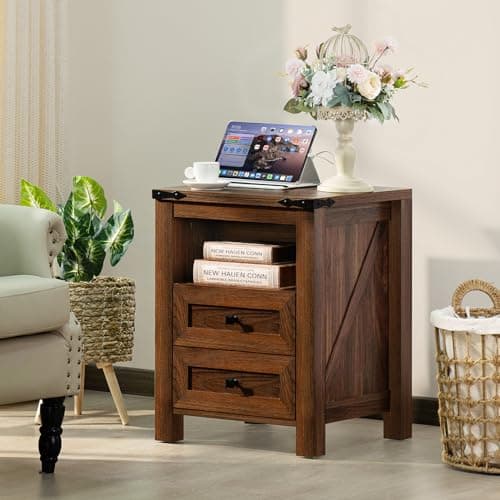Rustic Brown Nightstands Set of 2 with Charging Station & Drawers