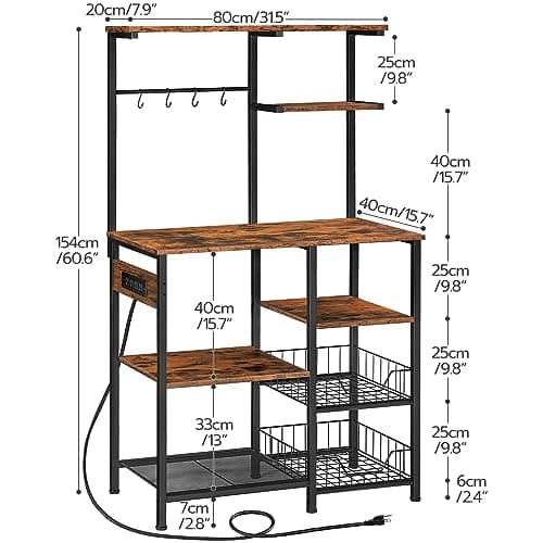 Rustic Brown & Black HOOBRO 6-Tier Bakers Rack with Power Outlets & Wire Basket