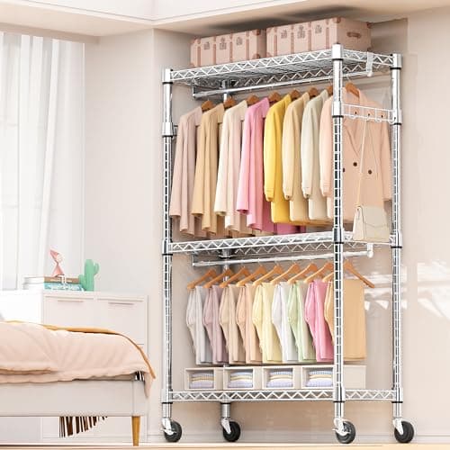 MZG Heavy Duty Rolling Clothes Rack 3 Tiers Adjustable Wire Shelving 17.7"x47.2"x83.6" Chrome