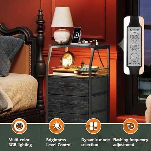 Black WLIVE Nightstand with Charging Station, 4 Drawer Dresser & LED Light