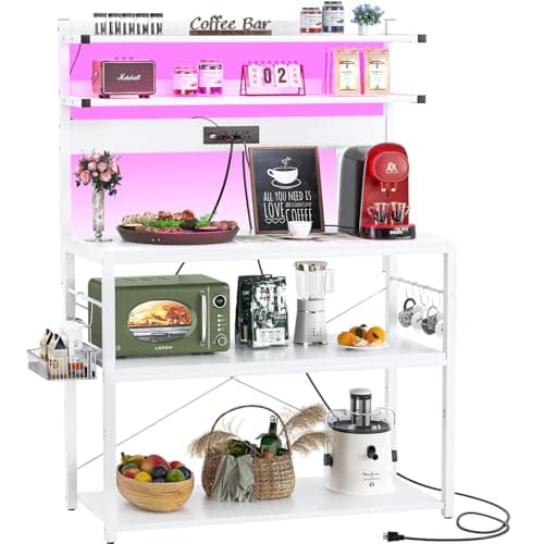 Aheaplus Black Kitchen Bakers Rack with Power Outlet & LED Lights, 5 Tiers Coffee Bar Stand