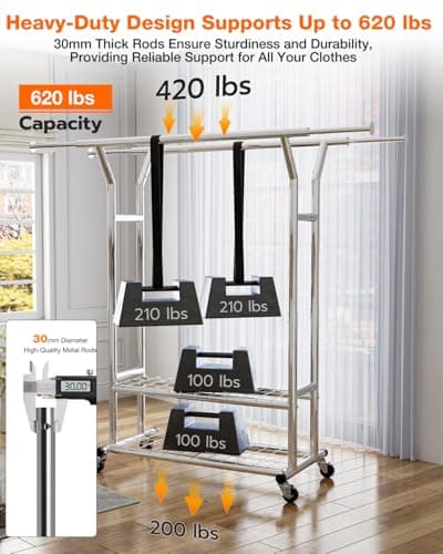 Heavy Duty Silver Portable Rolling Clothing Rack, Adjustable for Home & Commercial