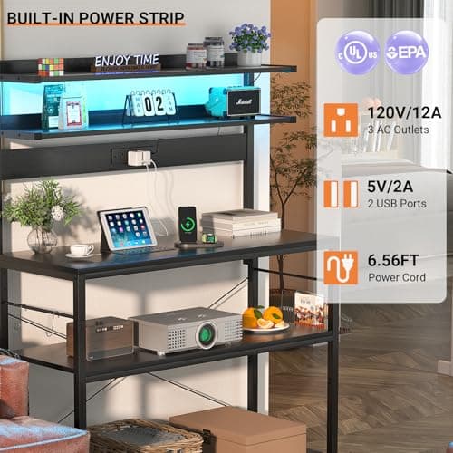 Aheaplus Black Kitchen Bakers Rack with Power Outlet & LED Lights, 5 Tiers Coffee Bar Stand