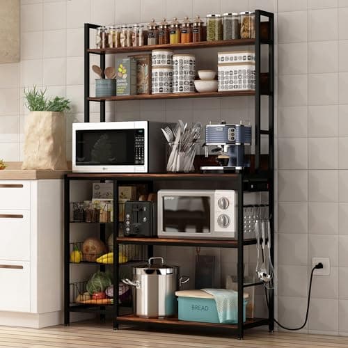 Vintage Brown 5-Tier Bakers Rack with Baskets and Hooks, Microwave Stand Shelf