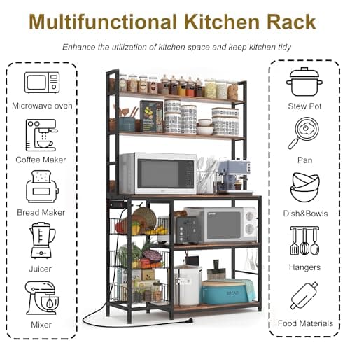 Vintage Brown 5-Tier Bakers Rack with Baskets and Hooks, Microwave Stand Shelf