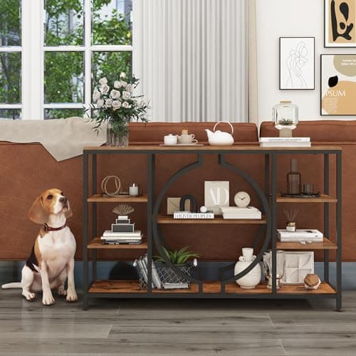 Rustic Brown 47" GiftGo Industrial Console Table with 4 Tier Storage for Entryway and Living Room