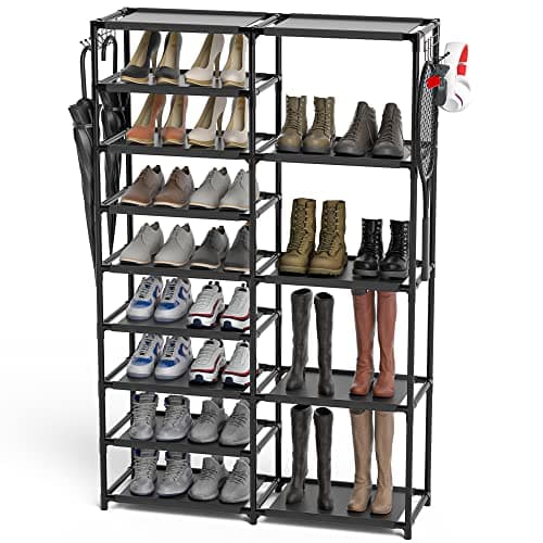 Large Capacity Black Garage Shoe Rack, 24-35 Pairs, Two Rows Hooks