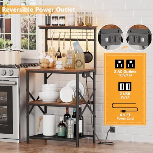 Furologee Rustic Brown Bakers Rack with Power & LED Light, 4 Tier Spices & Pot Storage