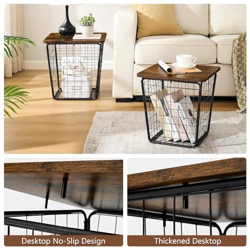 Nesting Coffee Table with Storage - Set of 2 Side Tables with Wire Basket
