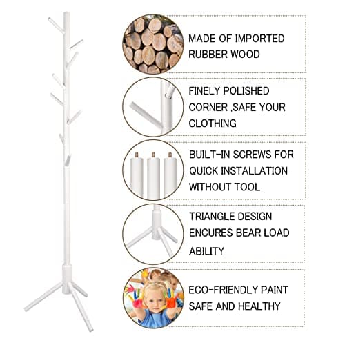 Tree-Shaped Solid Wood Coat Rack with 8 Hooks for Living Room, Bedroom, Office