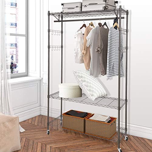 Homdox Heavy Duty Rolling Clothing Rack with Shelves and Side Hooks