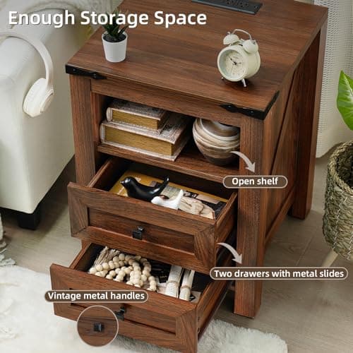 Rustic Brown Nightstands Set of 2 with Charging Station & Drawers