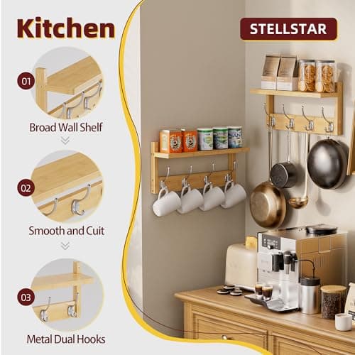 Bamboo Wall Mount Coat Rack with Shelf, 2 Pack, 8 Hooks (Natural)