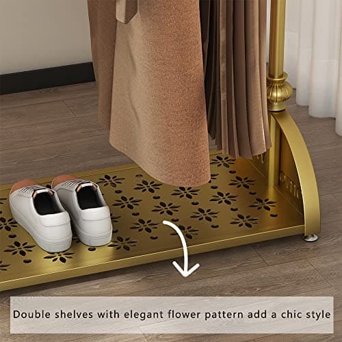 Industrial Gold Clothing Rack with Double Shelves, Heavy Duty Metal Coat Organizer