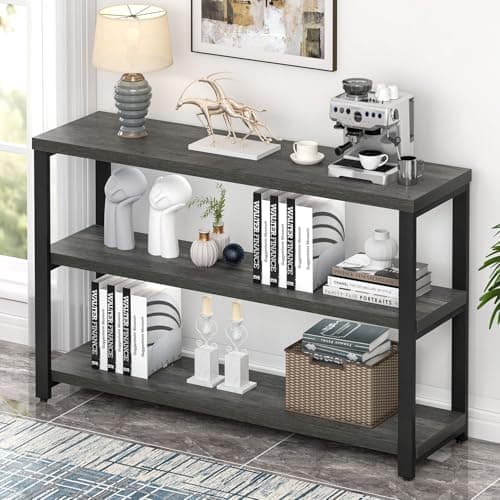 EXCEFUR Industrial Sofa Console Table with 3 Tier Storage Shelves, Rustic Brown