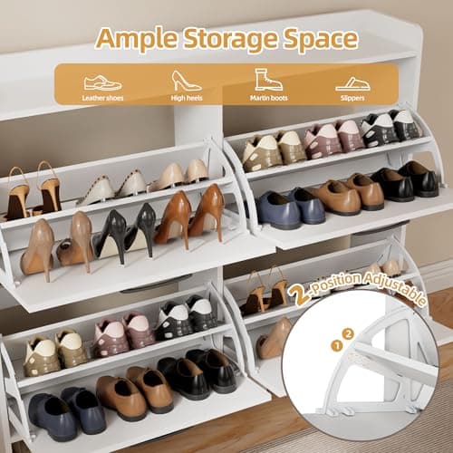 Freestanding Black Metal Handle Shoe Cabinet with 4 Flip Drawers, White & Wood Legs for Entryway