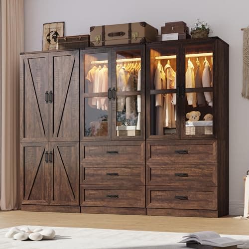 75" Tall Brown Farmhouse Armoire Wardrobe with 2 Doors, 3 Drawers & Rod