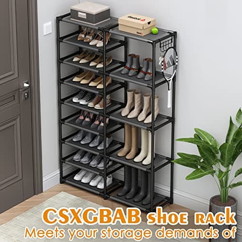 Large Capacity Black Garage Shoe Rack, 24-35 Pairs, Two Rows Hooks
