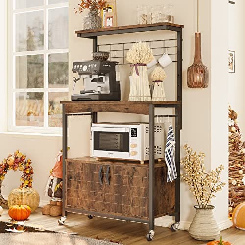 Bestier Height-Adjustable 45-55" Microwave Racks with Storage & Wheels, Rustic Brown