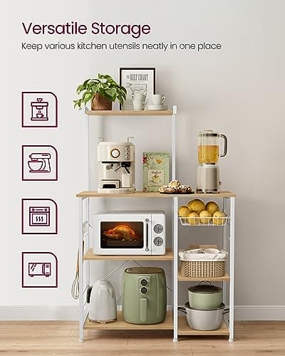 Kitchen Storage Rack with Wire Basket, 6 Hooks, and Shelves