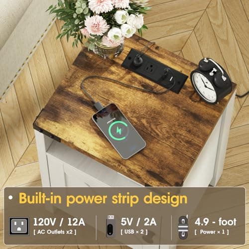Modern White Farmhouse End Tables with Charging Station Set of 2