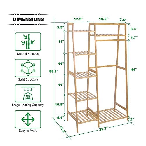 Ufine 7-Tier Bamboo Clothing Rack, Heavy Duty Minimalist Wardrobe Organizer