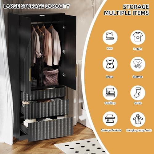 71.7" Black Freestanding Wooden Wardrobe Armoire with 2 Doors 3 Drawers