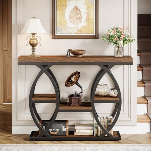 Tribesigns Industrial 4-Tier Console Table with Storage, Rustic Brown, Narrow Wood & Metal Frame