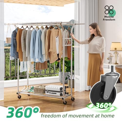 Heavy Duty Rolling Clothes Rack 400 LBS, Standing Metal Garment Rack with Shelves & Sturdy Wheels