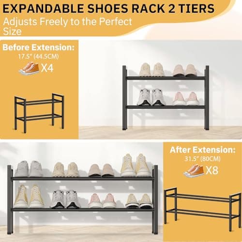 Expandable Metal 2-Tier Shoe Organizer, Black, Entryway Closet Storage