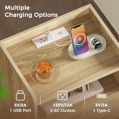 SUPERJARE Nightstands Set of 2 with Charging Station & PE Rattan Drawer, Solid Wood Feet - Natural