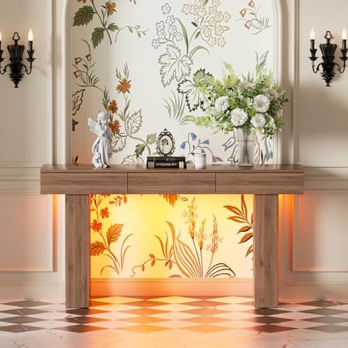 PAKASEPT Natural 63-Inch Console Table with Colorful LED Lights and 3 Drawers
