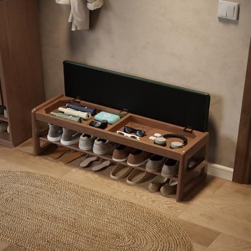 Walnut Wood 2-Tier Shoe Bench with Flip-Top Storage for Entryway