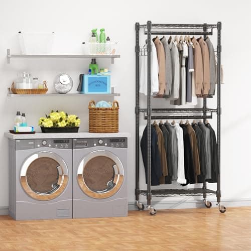 BATHWA Narrow 2-Tier Garment Rack for Saving Space, Portable with Wheels & Double Rods